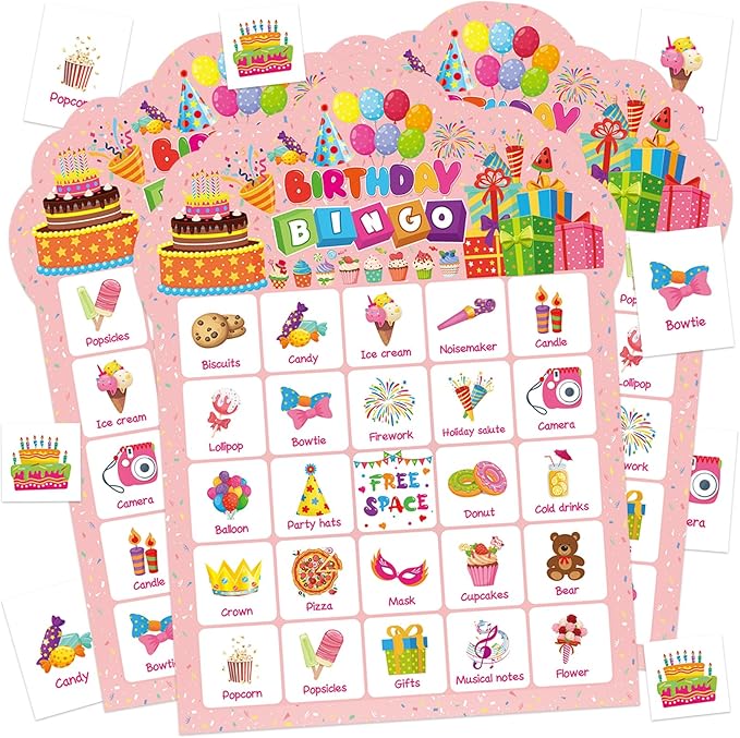 Birthday Bingo Game Cards, 24 Players Birthday Bingo Cards Party Games for Family Friends Adults Large Group Holiday Activities Supplies