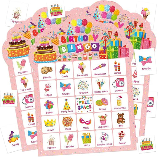 Birthday Bingo Game Cards, 24 Players Birthday Bingo Cards Party Games for Family Friends Adults Large Group Holiday Activities Supplies