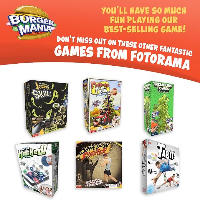 Fotorama Burger Mania Sizzling Build-A-Burger Game, Fast-Paced Conveyor Belt Fast Food Thrill Competition, Develops Fine Motor Skills and Dexterity, for Children Ages 6 and Up