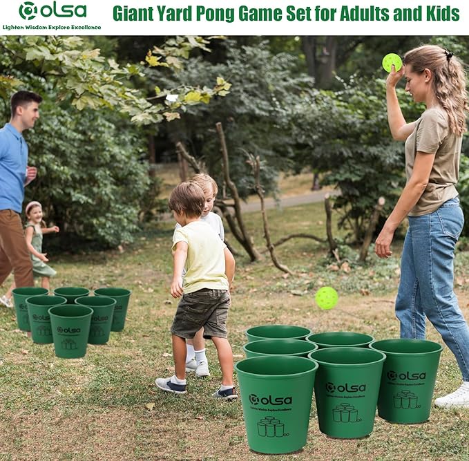 Olsa Yard Pong Outdoor Games, Giant Yard Pong Yard Games with 12 Buckets, Balls, Strength Carrying Bag for Backyard Beach Lawn Park Camping, Toss Outdoor Games for Adults and Family(Green)