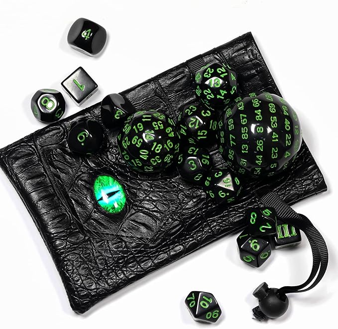 15 Pieces Complete Polyhedral DND Dice Set D3-D100 Spherical D&D Dice Set with Dragon Eye Dice Bag, D100 Dice for Dungeons and Dragons, RPG, MTG Table Games(Black w/Green Numbers)