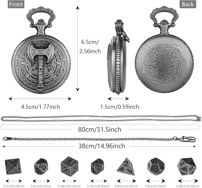 Mini DND Dice Set With Steampunk Barbarian Axe Pocket Watch Shell Case, 7pcs Polyhedral Metal Dice Set, D&D Gifts With Gift Box, Role Playing Board Games Accessories, Dark Silver
