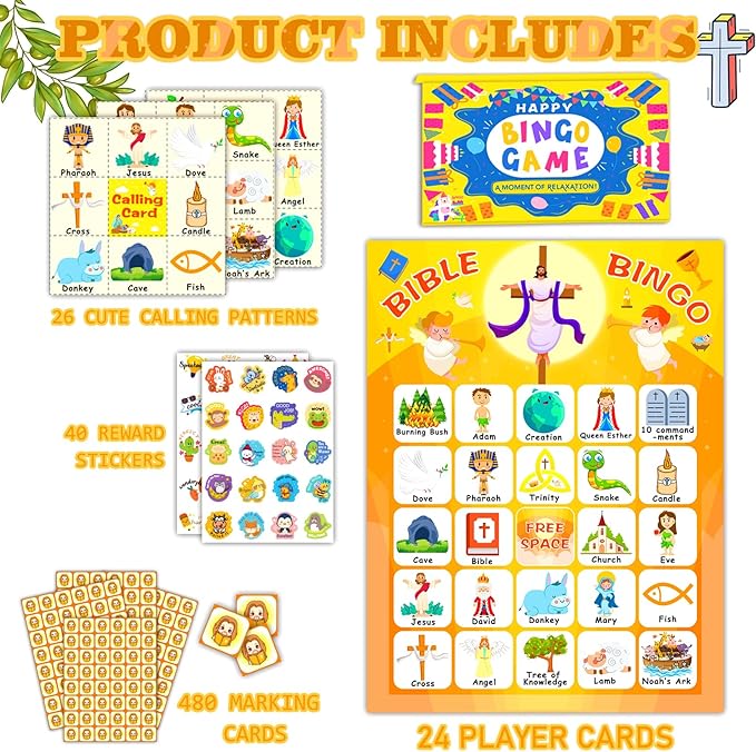 24 Players Bible Bingo Cards, Christian Bingo Game for Kids with Punny Stickers Jesus Religious Christian Game for Church Sunday Family Activities