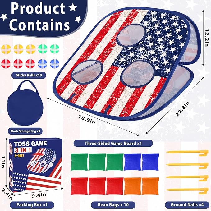 Bean Bag Toss Game for Kids 3 in 1 Carnival Cornhole Game Set,Sticky Ball Toss,Tic Tac Toe,Toddlers Outdoor Lawn Toys for Family Activities Gifts for 3 4 5 6 Year Old Boys Birthday Christmas