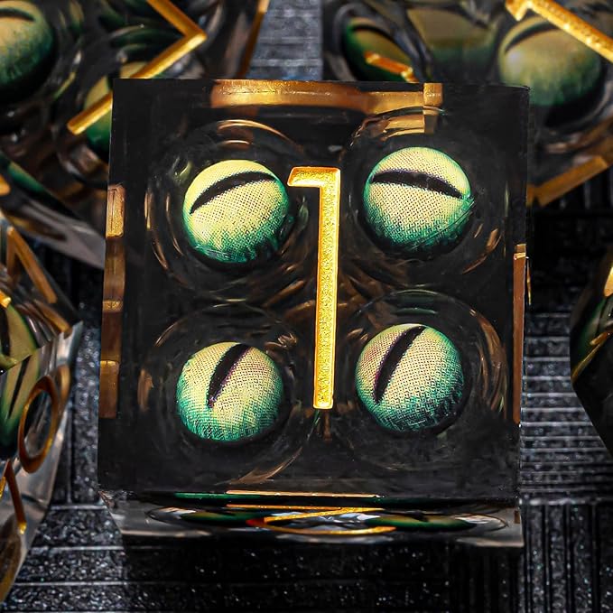 Dungeons and Dragons Dice DND Resin Mixed Eyeball Dice Set 22-32mm Large Sharp Edged Dice Set with Box, Polyhedral D&D Role Playing Game D&D Dice Set D20 D12 D10 D8 D6 D4 (Green Eyes+Gold Ink)