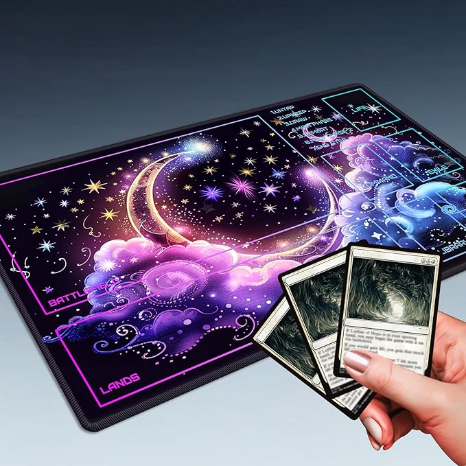 MTG Playmat Size 23.6x13.8in with Storage Bags Portable Playmat TCG and Board Game Mat for Cards Rubber Base Slip-Resistant Mousepad Desk Mat (Pink Cloudy Moon,with Zone)