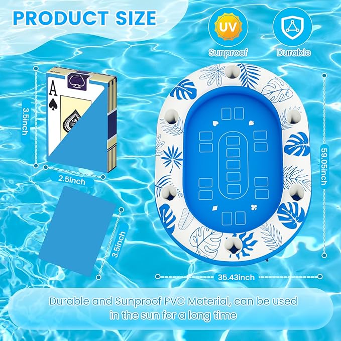 Extra Large Floating Games Table with Waterproof Playing Cards, Inflatable Pool Bar for Adults, Pool Accessories Hot Tub Tray Inflatable Food Drink Holder for Summer Party Indoor Outdoor Beach Pool