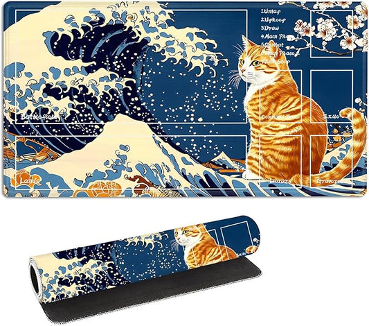 for MTG Playmat with Zones Storage Bag,for TCG Playmat and Playing Card Mat for Magic Board Games, Cat Wave Non Slip Stitched Edges Game Mat, Rollable Foldable Card Playmats