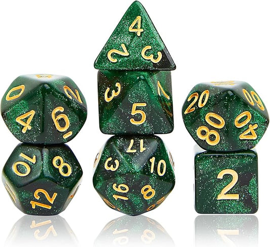 DND Polyhedral Dice Set with a Black Dice Bag for D&D RPG MTG Role Playing Table Games RPG Polyhedral Dice for Dungeon and Dragons Playing Games 7-Die Set (Black&Green+Nebula Dice)