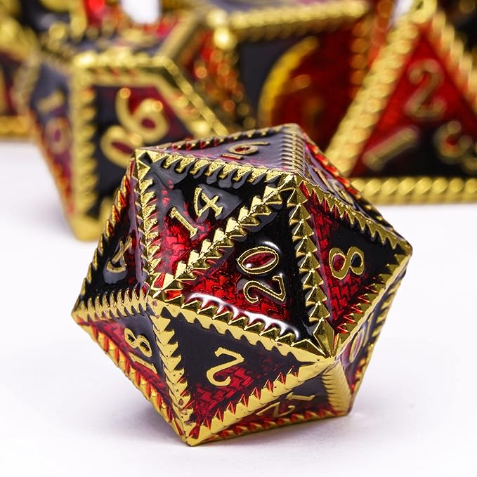 7-Die Metal DND Dice Set, Serrated Design Metal Dice Set 7 Pcs D&D Dice Set for Dungeons and Dragons Role Playing Game(RPG),Pathfinder,Table Game,Board Games(Gold Black Red)