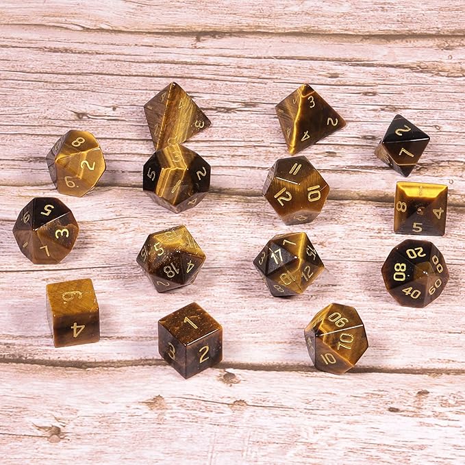 TUMBEELLUWA Engraved Crystal Stone Polyhedral Dice Set for RPG MTG Dungeons and Dragons Table Game 7 Pieces DND Board Game Dices with Pouch, Tiger’s Eye