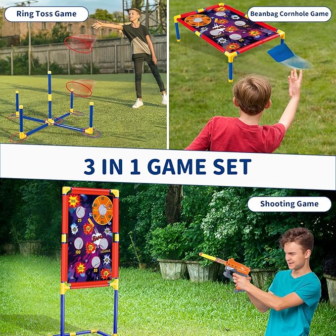 Bean Bag Toss & Shooting & Ring Toss Games Set for Kids – 3-in-1 Carnival Outdoor Cornhole Game Set with Shooting Blasters, Garden Indoor Outdoor Toys for Boys Girs Ages 5 6 7 8 9 10+ Gift