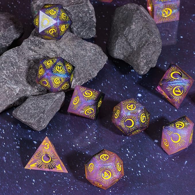 Cusdie Sharp Edges DND Dice, 7 PCs Moon Dice Set D&D Dice, Handcrafted Polyhedral Dice Set, for Role Playing Game Pathfinder(Moon/Purple Black)