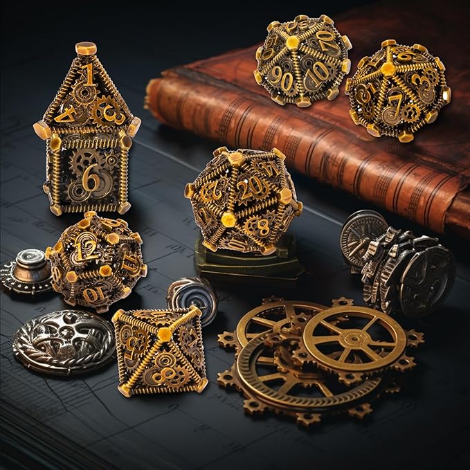 DND Metal Dice Set, UBEUCK 7PCS Gear Metal DND Dice Set for Dungeons & Dragons Board Games Boxes (Gear Ancient Golden)