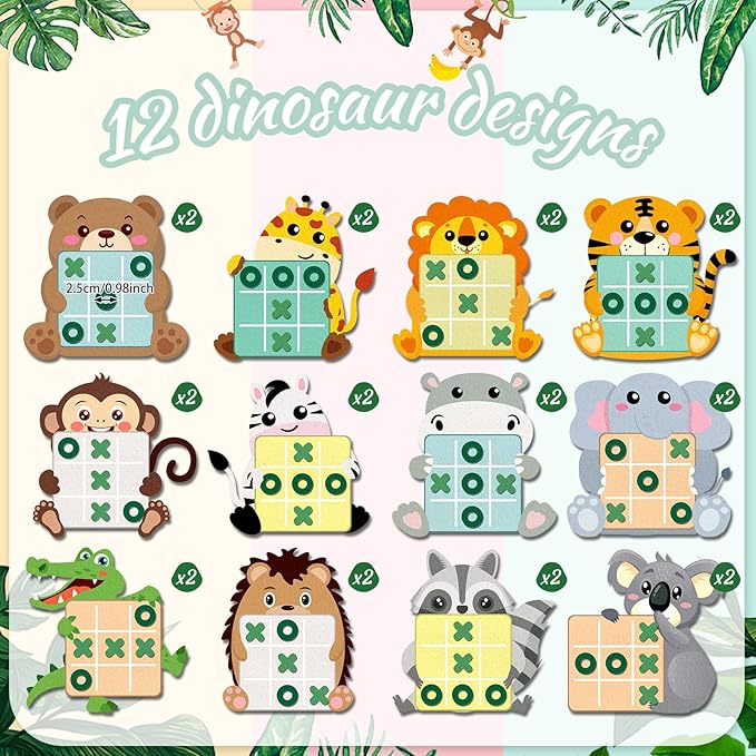 Capoda 24 Pack Jungle Animals Safari Theme Party Favors Tic Tac Toe Strategic Board Game Felt with Storage Bags Jungle Theme Goodie Bags Stuffers for Safari Animal Birthday Party Favor Classroom Prize