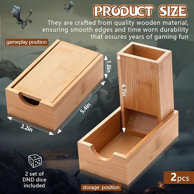 2 Pcs Dice Tower with 14 Polyhedral Dice Set Foldable Wooden Die Dice Roller Castle Collapsible Rolling Case for Tabletop Games, Board Games