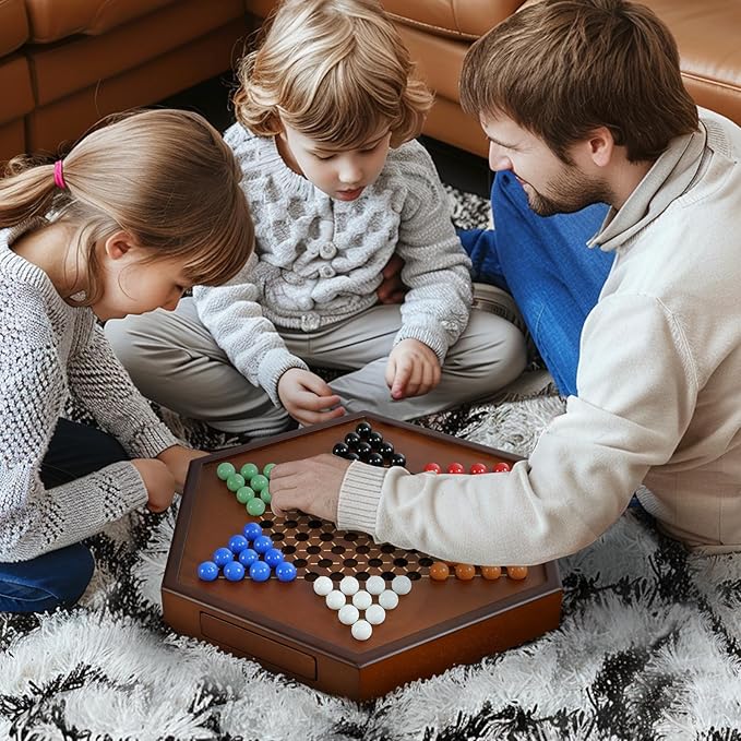 15" Large Upgraded Wooden Chinese Checkers Game Board – Premium 16mm Glass Marbles (60 + 12 Extras), Easy Grip, Storage Drawer, Ideal Multi-Player Puzzle Game for 2-6 Players