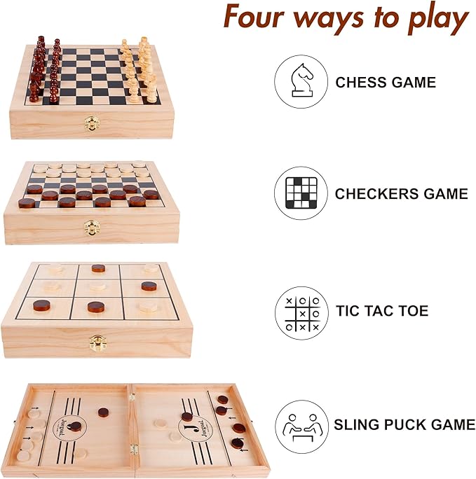 Juegoal 4-in-1 Wooden Fast Sling Puck Set for Kids and Adults, Chess, Checkers, Tic Tac Toe Games, Travel Portable Folding Tabletop Chess Board Game Sets, Interactive Families Toys