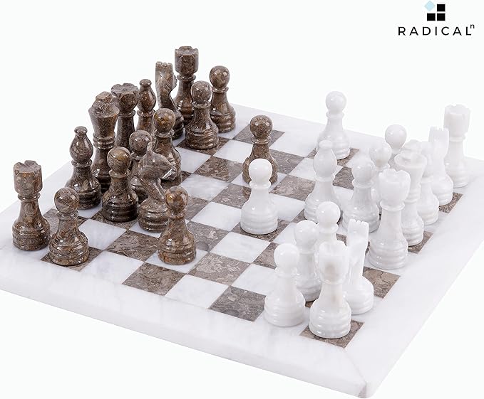 Radicaln Marble Chess Set 12 Inches White and Grey Oceanic Handmade Board Game Chess Sets for Adults - 2 Player Games for Adults - 1 Chess Board & 32 Chess Pieces - Chess Game