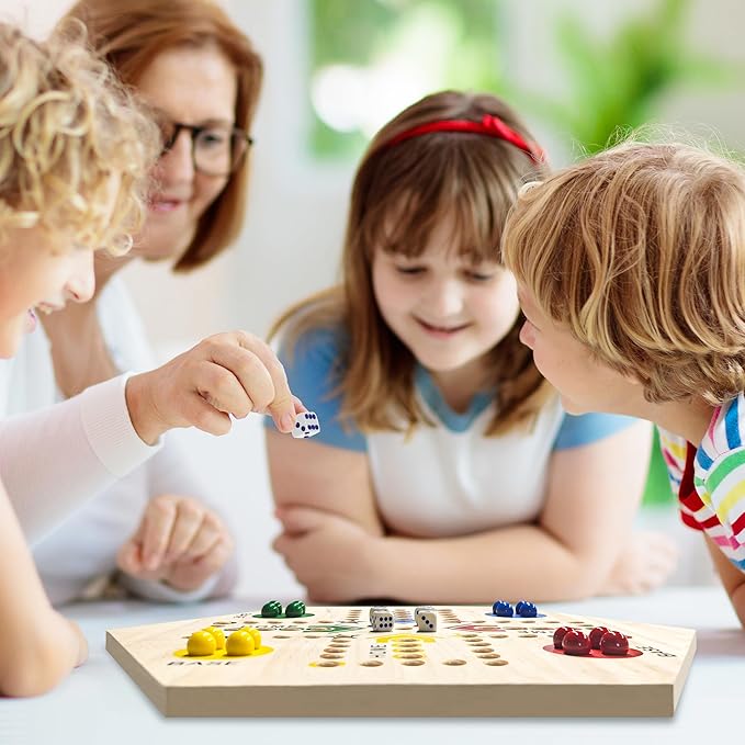Wooden Board Game, Board Game Original Marble Game Double Sided Painted 2 to 6 Player Fast Track Wooden with 6 Colors 24 Marbles 6 Dice for Adults Kids Family(24 INCH)
