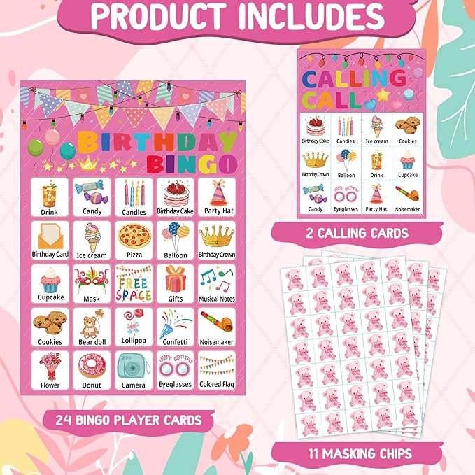 Birthday Bingo Game for Boys Girls Adults, 24 Players Birthday Bingo Cards Birthday Party Supplies Fun Birthday Party Bingo Game for School Classroom Family Birthday Holiday Party Activities
