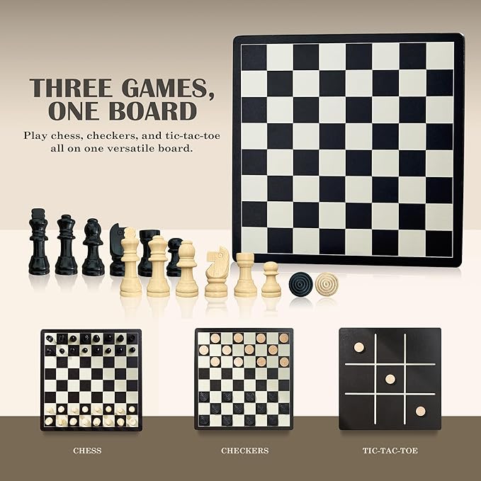 3 in 1 Chess, Checkers and Tic-Tac-Toe Set – Wooden Chess Set, Double-Sided 11'' Game Board with Extra Queens – Fun Family Chess Board for Adults and Kids – Ideal for All Ages