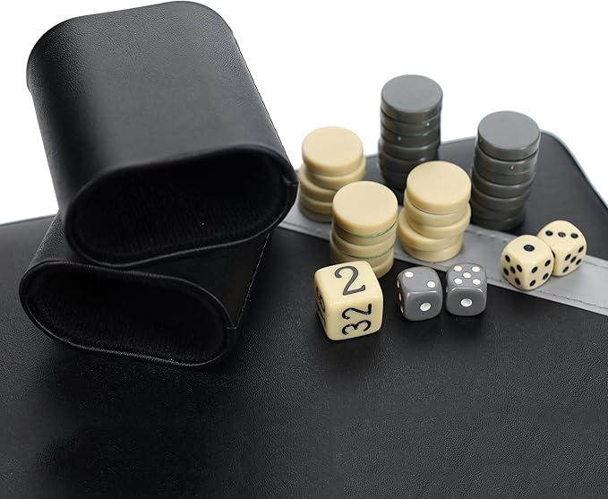 WE Games Backgammon Set, Board Games for Adults - Travel Games - Black with Gray Stripe Magnetic Leatherette Backgammon Board and Carrying Strap - Travel Backgammon Sets for Adults