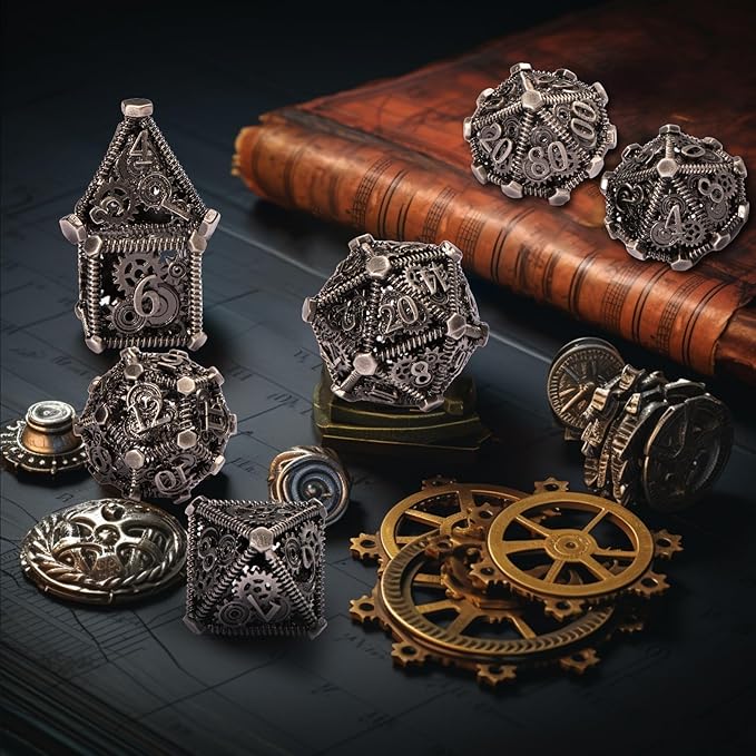 DND Metal Dice Set, UBEUCK 7PCS Gear Metal DND Dice Set for Dungeons & Dragons Board Games Boxes(Ancient Nickel Gear)