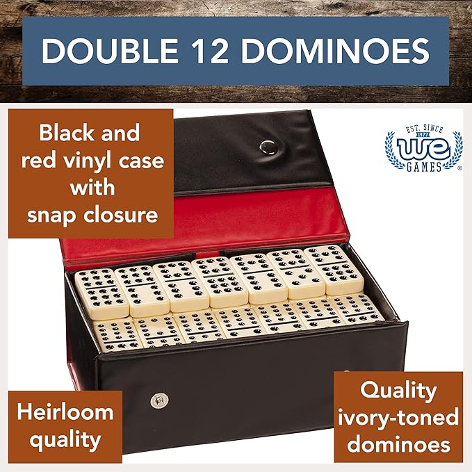 WE Games Double Twelve Dominoes Set - 91 Dominoes in Retro Travel Case - Ideal for Family Games - Perfect for Game Night
