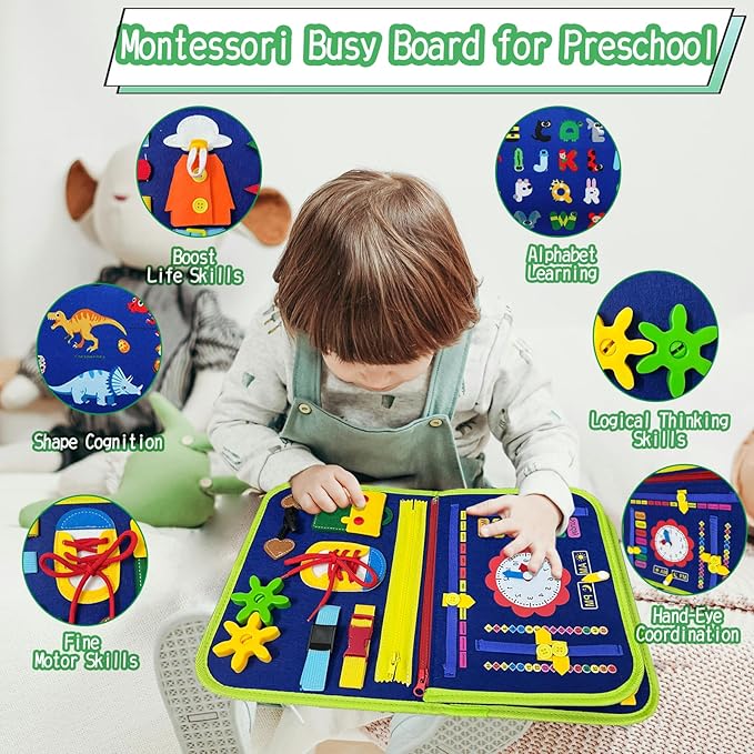 Toddler Busy Board Montessori Busy Board for 1 2 3 4 Year Old, Educational Activities Developing Preschool Learning, Sensory Board Fine Motor Skills, Travel Toys for Car Plane