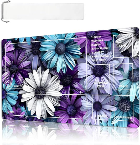 MTG Playmat Size 23.6x13.8in with Storage Bags Portable Playmat TCG and Board Game Mat for Cards Rubber Base Slip-Resistant Mousepad Desk Mat (Floral Daisy,with Zone)