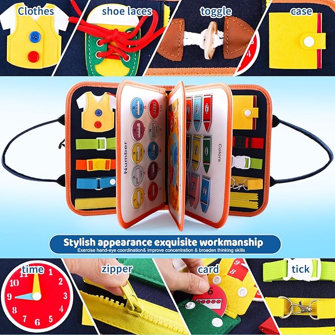 Yohelly Toddler Busy Board Montessori Toys for 1 2 3 4 5 Year Old Boys Girls, Educational Travel 1-3, Sensory Toddlers, Activities Learning Fine Motor Skills(3 Pages) Blue Medium