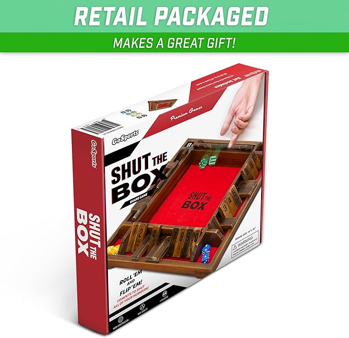 GoSports Shut the Box Premium Wooden Dice Game, Classic 4 Player Family Board Game - 10 Number Rows with Red Felt, Dice and Wood Stain Finish - For Kids and Adults