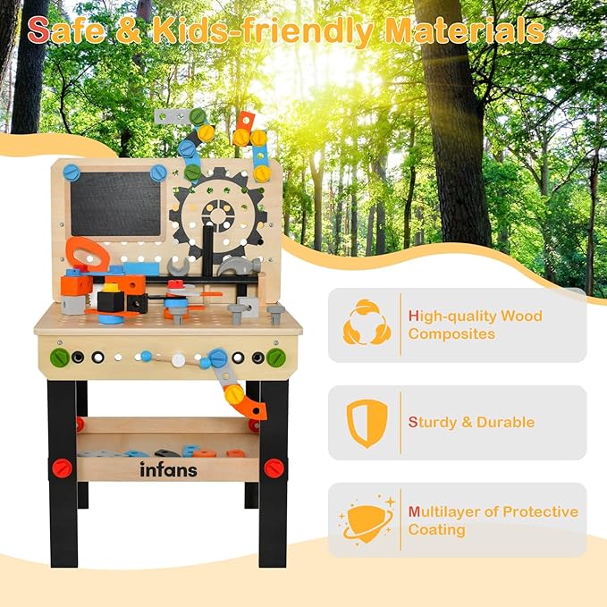 INFANS Tool Bench Set for Toddlers, Kids Wooden Workbench with Blackboard Construction Building Tools and 75 Accessories, Creative Realistic Pretend Play Workshop Gift for Boys Girls