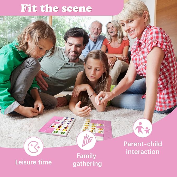 Seaside Escape Game Blocks， Mahjong Tile Game Sets with 65 Tiles 30mm Flag and Emoji Pattern with Handbag for Spring Picnic Party Gift.