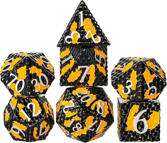 UDIXI Metal DND Dice Set Dragon Scale Polyhedral Dice D&D for Role Playing Games Dungeons and Dragons (Black Orange-Silver Number)