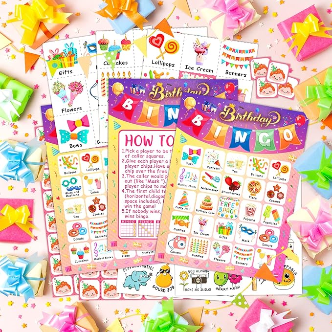 Happy Birthday Bingo Cards, 24 Players Birthday Party Bingo Game for Kids Boys Girls Adults, Fun Game for Family Celebration Favor