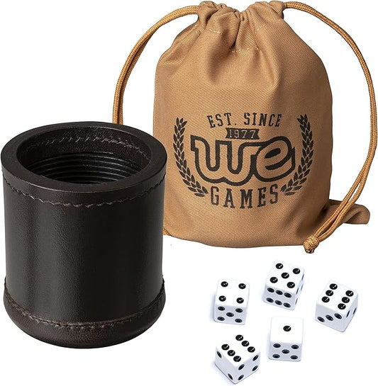 WE Games Professional, Handmade Dark Brown Leather Dice Cup Set - 5 Dice & Cloth Carry Bag