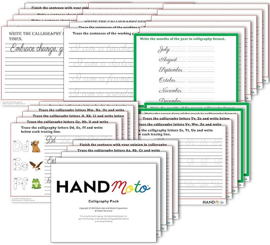 HANDMoto Calligraphy Workbook for Kids - Our Calligraphy Practice Activity Sheets make Practicing Easy and Enjoyable - Our Calligraphy Kits for Beginners are easy to use with our Whiteboard, 9x12