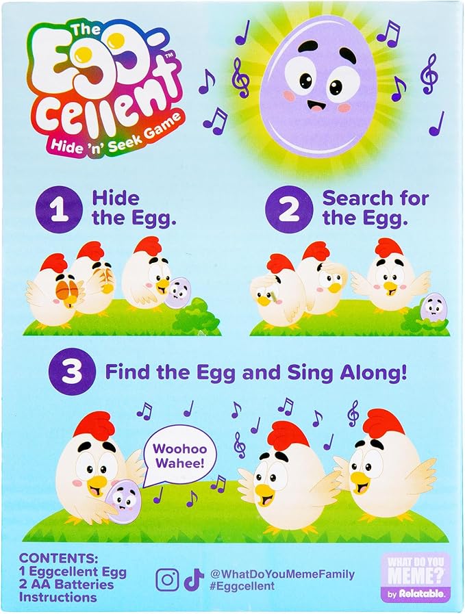 What Do You Meme? Eggcellent by Relatable, The Kid-Friendly Hide & Seek Game, Toddler Toys for Ages 3+, Includes 1 Eggcellent Light-Up Toy That Sings