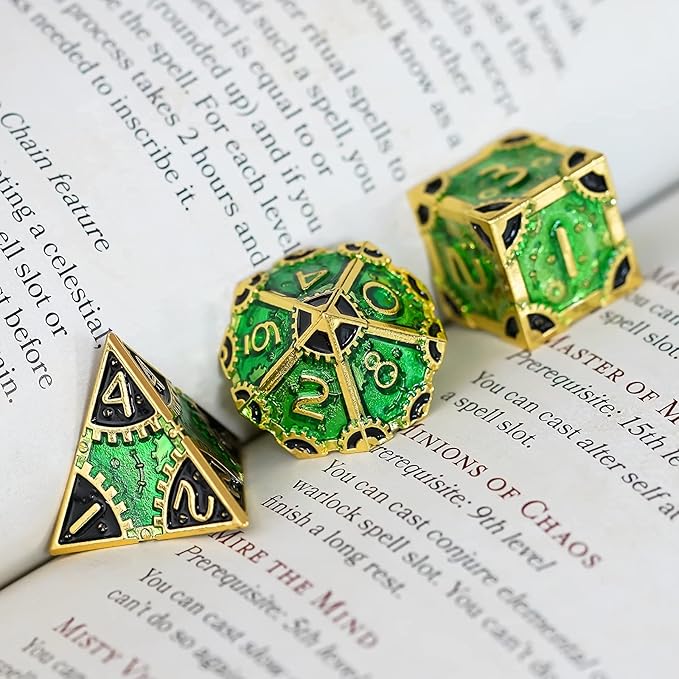 UDIXI Steampunk Metal Dice Set: 7 Die Polyhedral DND Dice Set D&D Dice for Dungeons and Dragons Role Playing Game (Gold-Green Black)