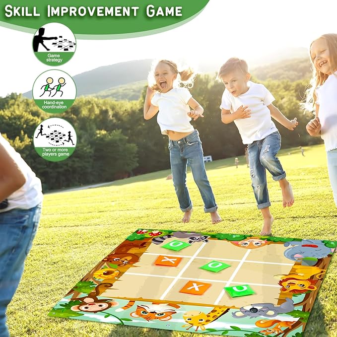 Capoda 20 Pcs Tic Tac Toe Game Set Bean Bag Toss Game Tic Tac Toe Cloth with Bean Bag Storage Pouches Ground Nails for Family Camping Indoor Outdoor Party Toss Games Supplies(Bright,Jungle Animal)