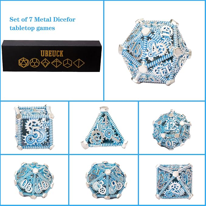 DND Metal Dice Set, UBEUCK 7PCS Gear Metal DND Dice Set for Dungeons & Dragons Board Games Boxes(Gear Solid Blue)