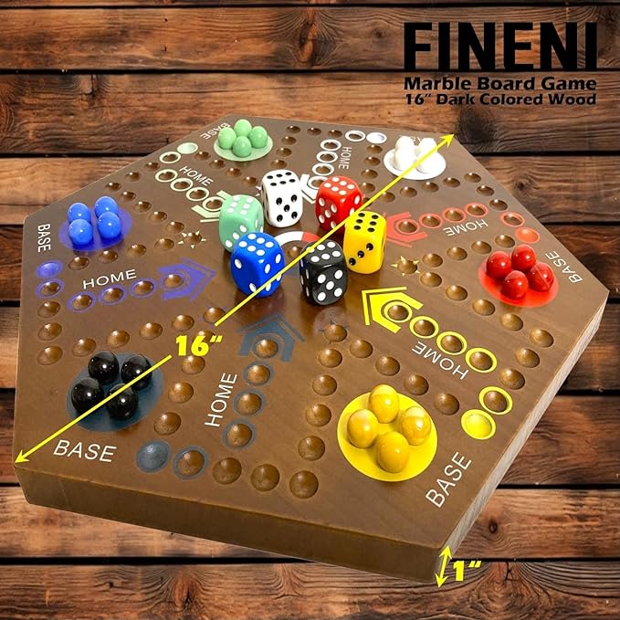 Wooden Board Games, Marble Board Game Original with Dual Sides Fast Track Board Game for 2 to 6 Players, Double Side Marble Game, 6 Colors 30 Marbles Set and 6 Color 6 Dice,Pouch (16" Dark)