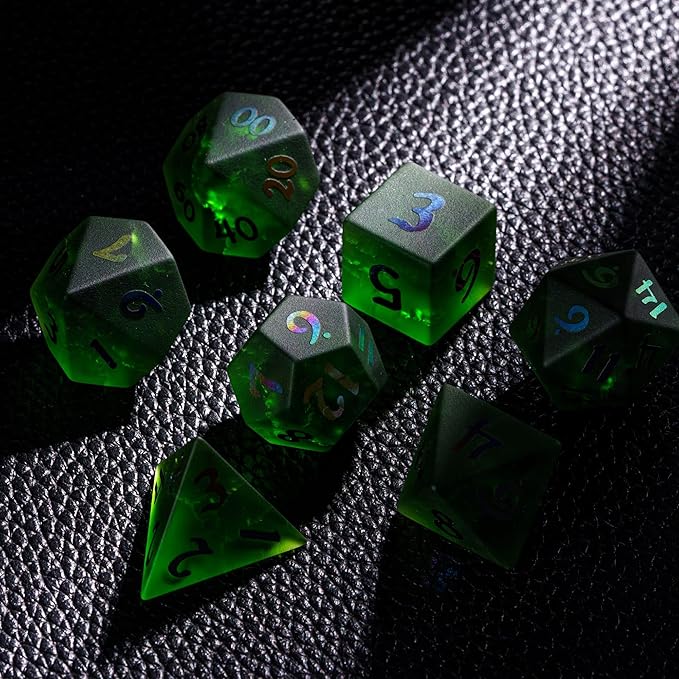 UDIXI Green Cracked Glass DND Dice Set, 7PCS Glass RPG Polyhedral Dice Set with Colorful Number for Dungeons and Dragons D&D Tabletop Game