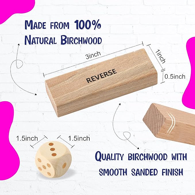 BETTERLINE Wooden Tower Stacking Blocks Drinking Game - 48 Pieces - Tumbling Tower for Adults - Friends Party Game, Bachelor Party, Bachelorette Party (60 Pieces w/Text)