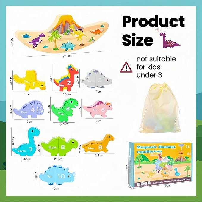 Montessori Dinosaur Stacking Toys - Magnetic Dinosaur Blocks, Matching & Sorting & Balance Board Game for Kids, Numbers 1-10 Learning Toys for 3 4 5 Year Old, Educational Gifts for Boys Girls Birthday