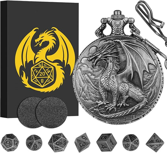 Mini DND Dice Set with Steampunk Dragon Pocket Watch Case, Tiny 7-Piece Polyhedral Metal D&D Dice, DND Gifts with Gift Box for DND Lovers, Role Playing Game Board Game Accessories Dice, Dark Silver