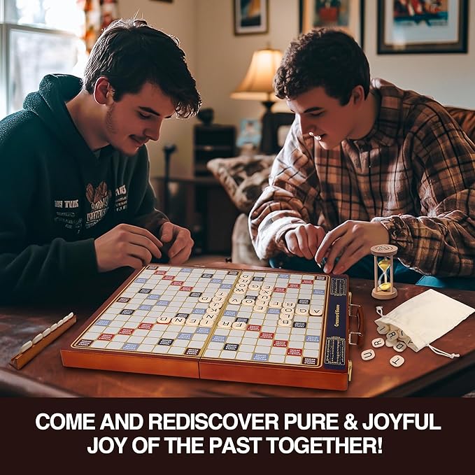 Crossword Game with Magnetic Letter Tiles, Foldable Board into Portable Carry Case, Luxury Edition Word Building Game with Rotating Wooden Board, Educational Family Game for 2-4 Players