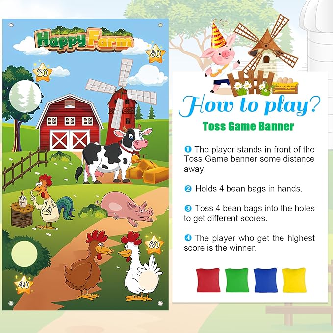 Farm Animals Game, Bean Bag Toss Game with 4 Bean Bags, Farm Animal Party Decorations, Farm Animal Bean Bags for Tossing,Farm Party Favors Kids Outside Activities Farm Games for Outdoor Games